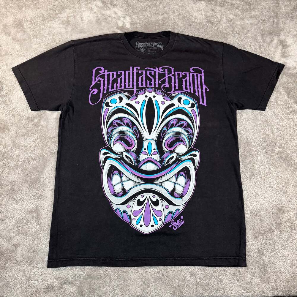 Steadfast Brand Tribal Tiki Mask Graphic T-Shirt Black Size XL